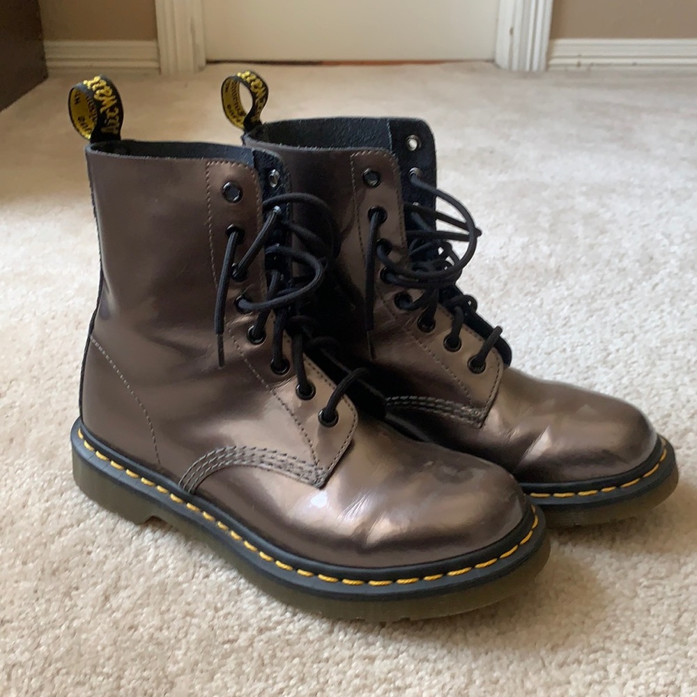 Dr. Martens metallic grey women’s boots, size 8